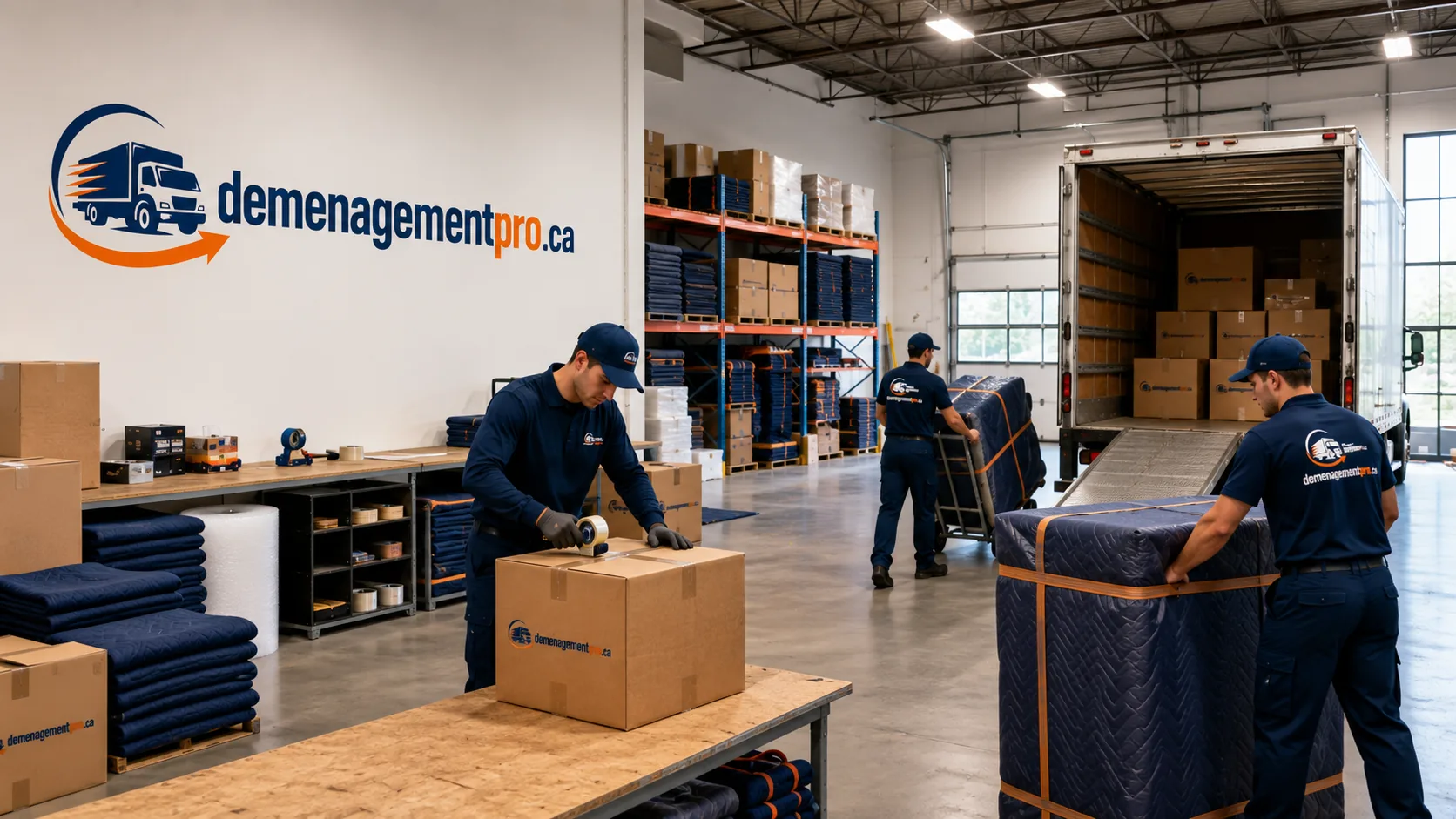 Entrepôt d'une entreprise de déménagement avec boîtes, couvertures de protection et matériel