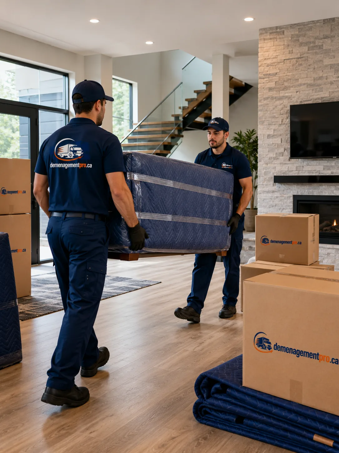 Déménageurs transportant un matelas protégé dans un salon