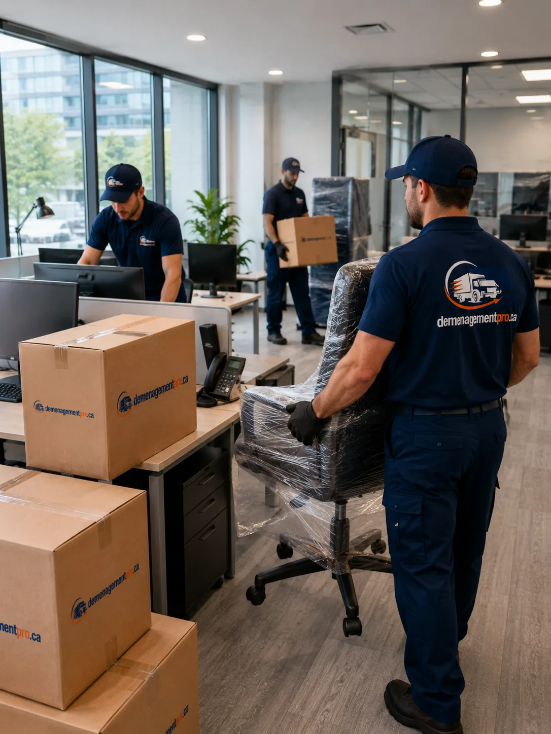 Déménageurs emballant un bureau avec boîtes et mobilier