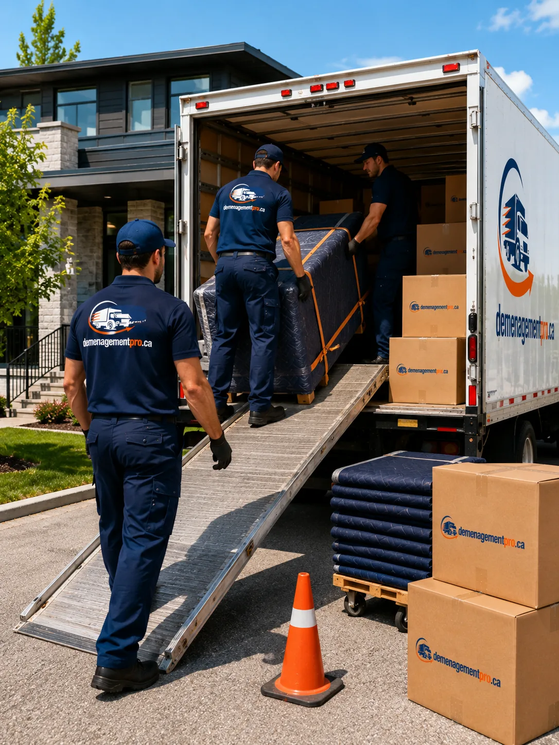 Équipe chargeant meubles et boîtes dans un camion de déménagement