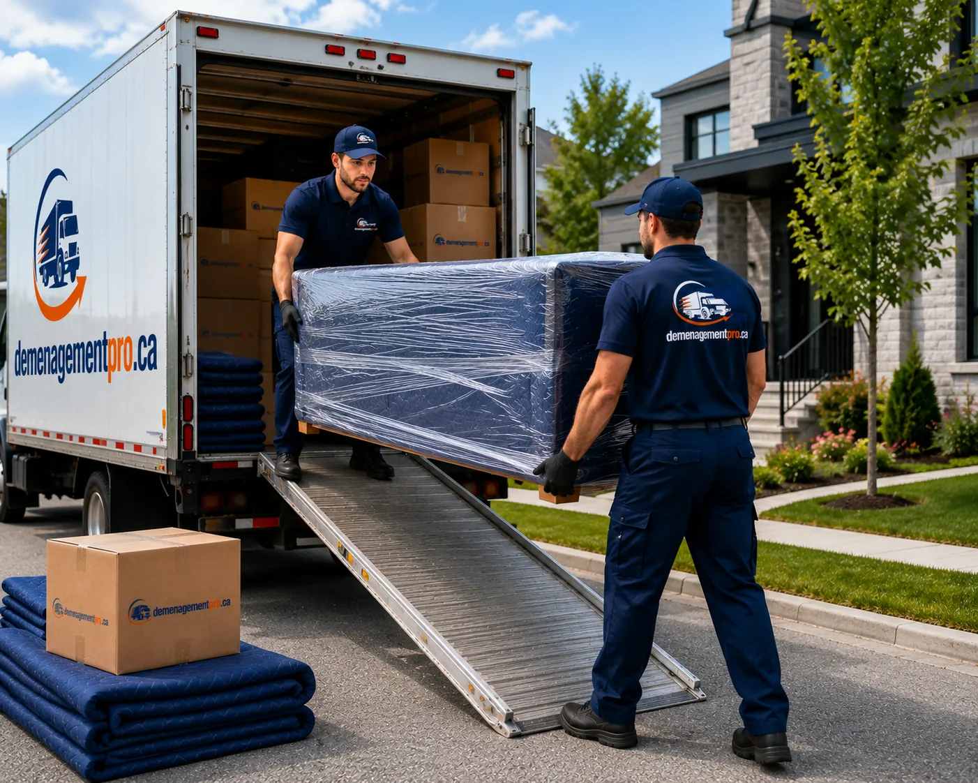 Déménageurs montant un meuble volumineux sur la rampe du camion